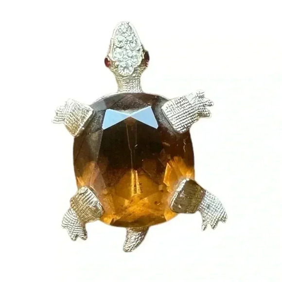 Vintage WEISS TURTLE PIN Brooch Gold Tone Jelly Belly Tortoise Turtle - Picture 1 of 4